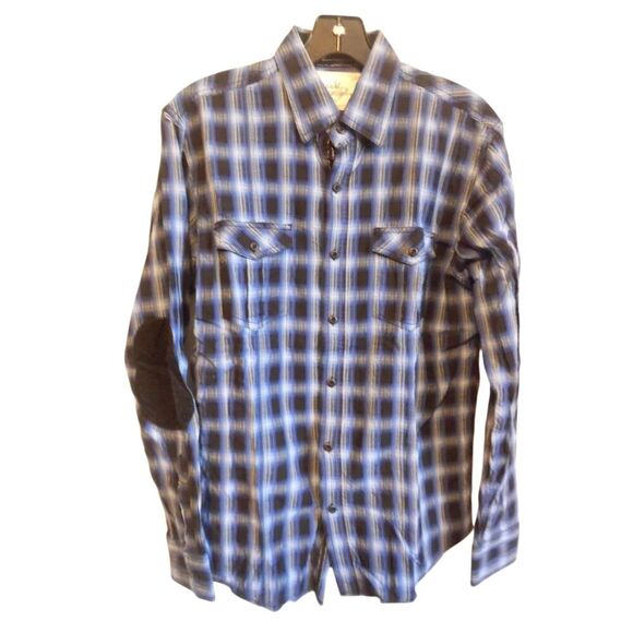 Age of wisdom blue plaid elbow pad button down - Picture 1 of 6